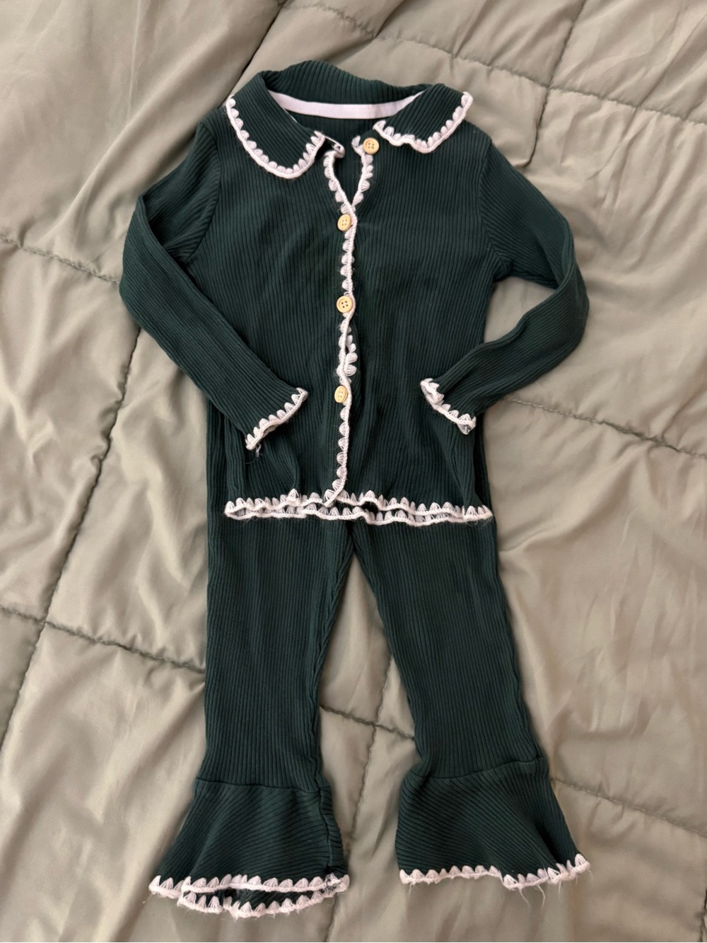 Source Unknown Dark Green Ribbed Knit Matching Set with Pink Trim